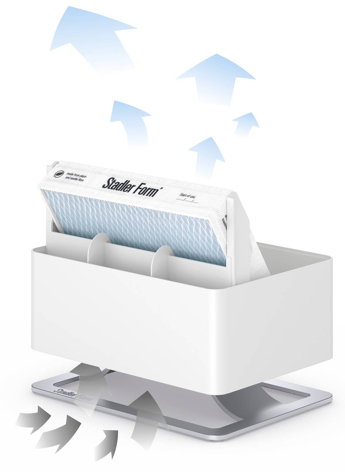 A humidifier with a filter in a modern, white casing emits arrows upwards, indicating air movement.