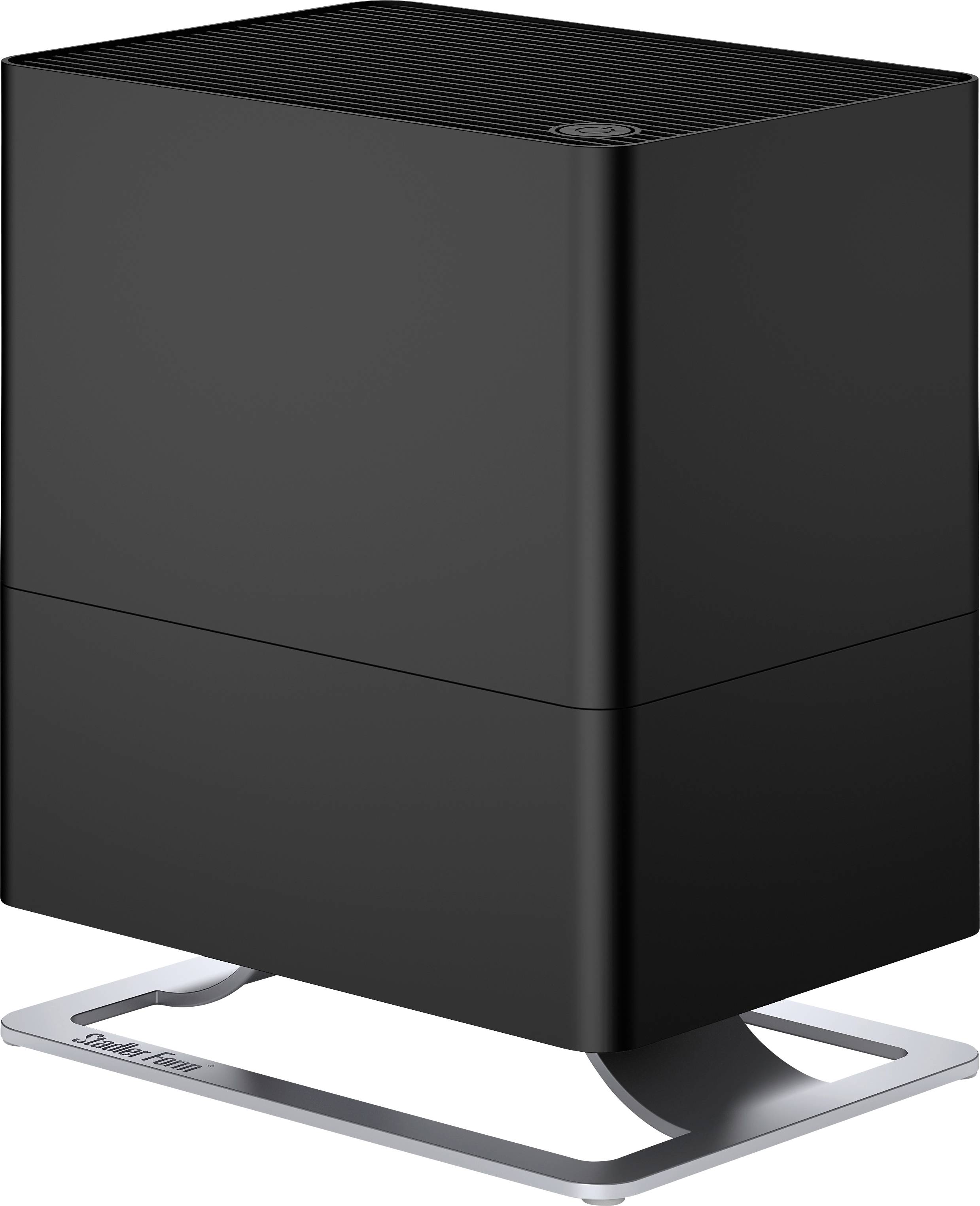 Black, cuboid air humidifier with modern design on a silver stand, suitable for living or office spaces.