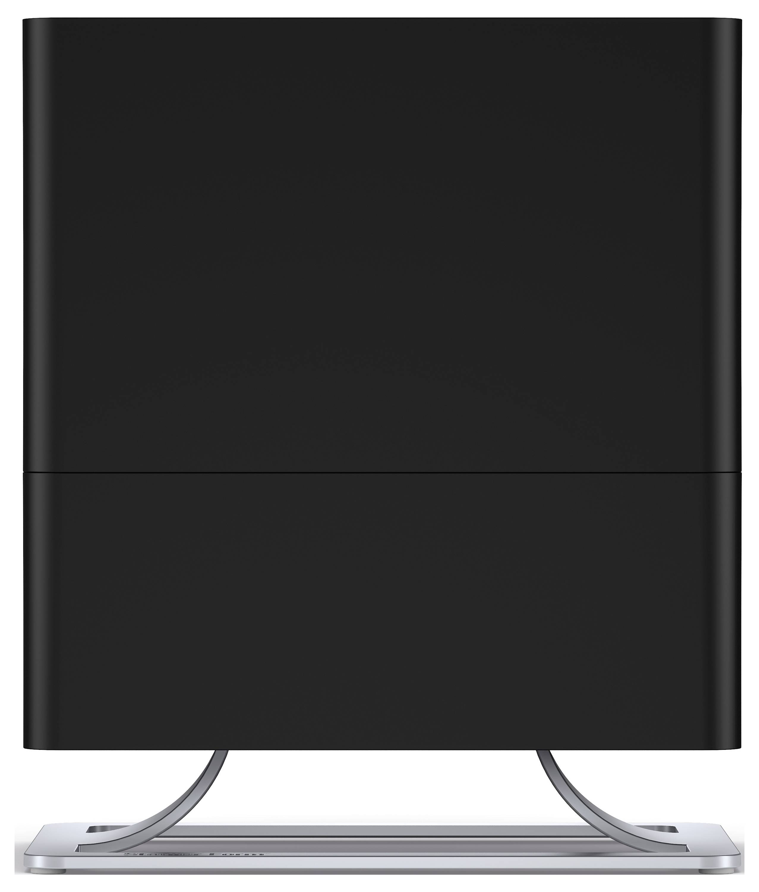 Black, rectangular air humidifier with modern design, standing on a white base.