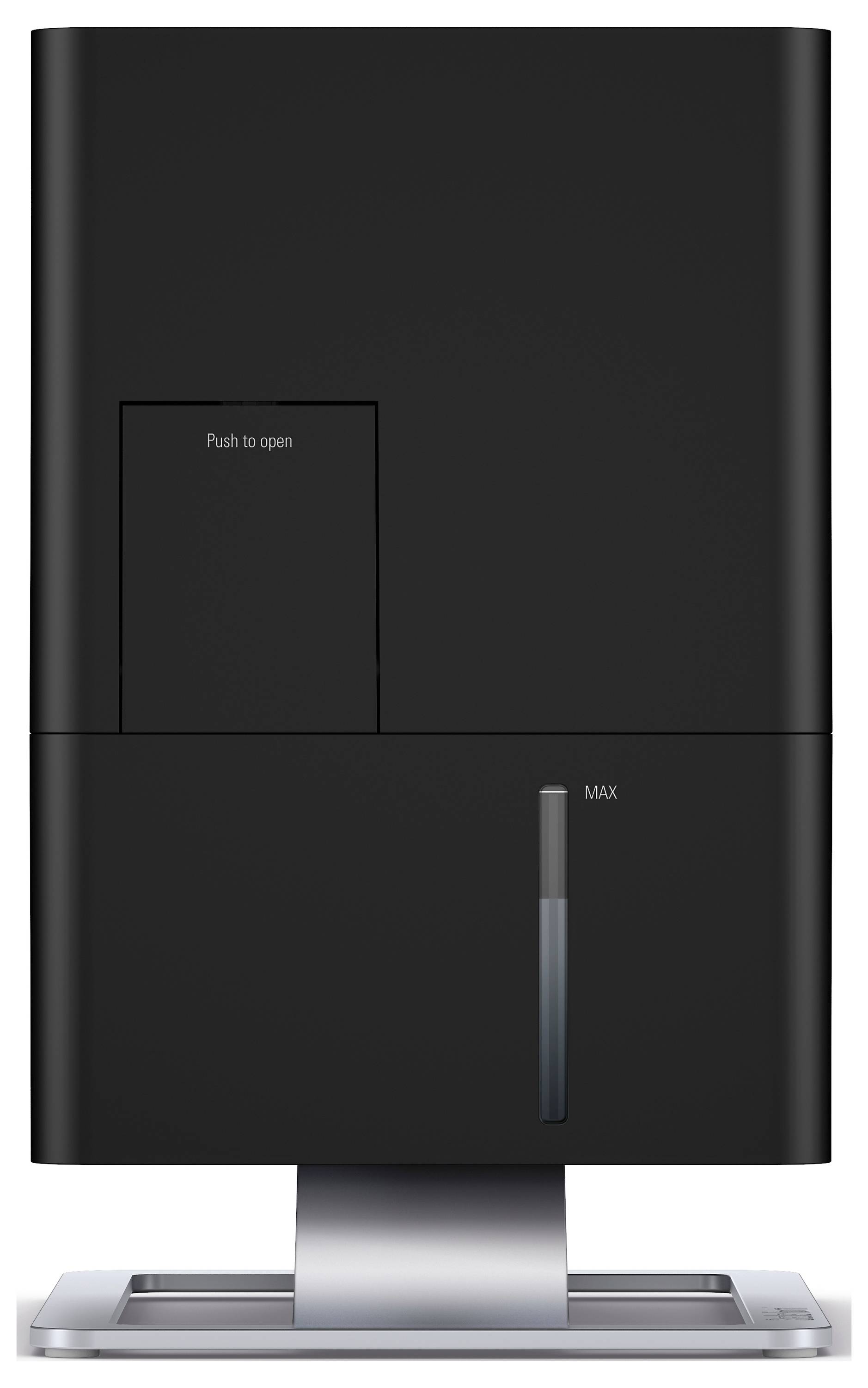 Black air humidifier with modern design; front view shows 'Push to open' compartment and water level indicator marked at 'MAX'.
