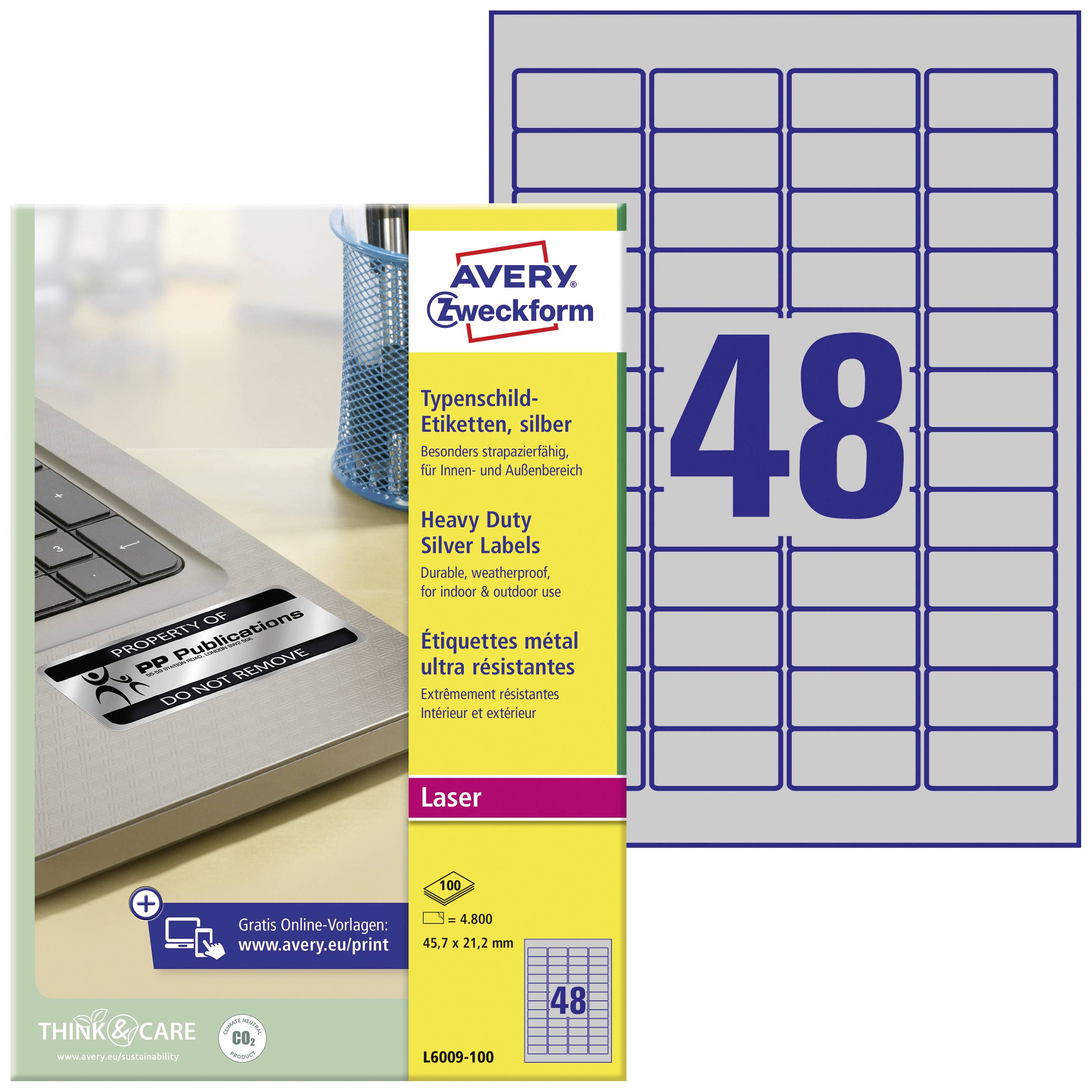 Avery Zweckform Nameplate Labels, Silver, 48 Labels per Sheet, 45.7 x 21.2 mm, Suitable for Laser Printers.