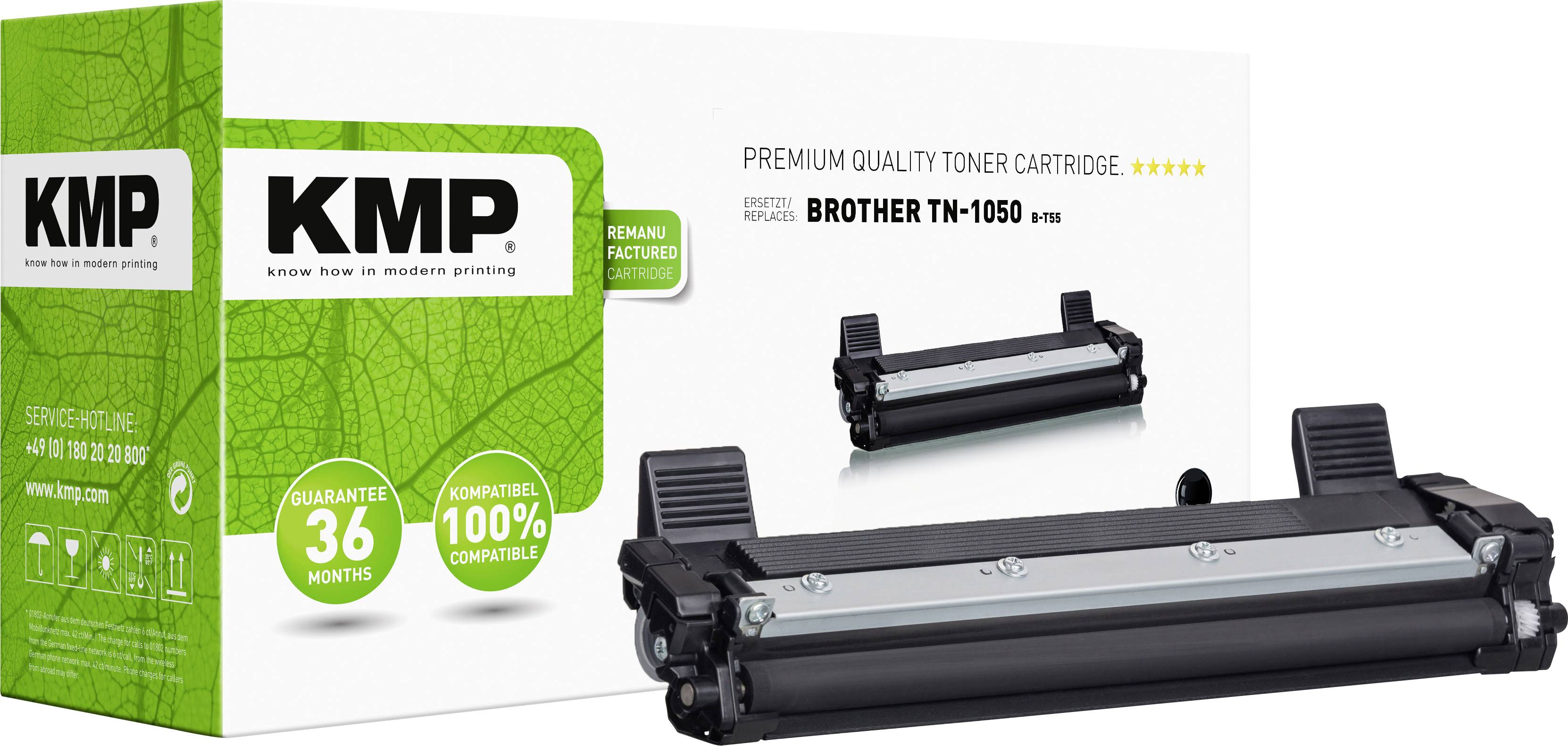 KMP toner cartridge for Brother TN-1050, compatible, 100% matching, 36-month guarantee, modern print technology, green-white design.
