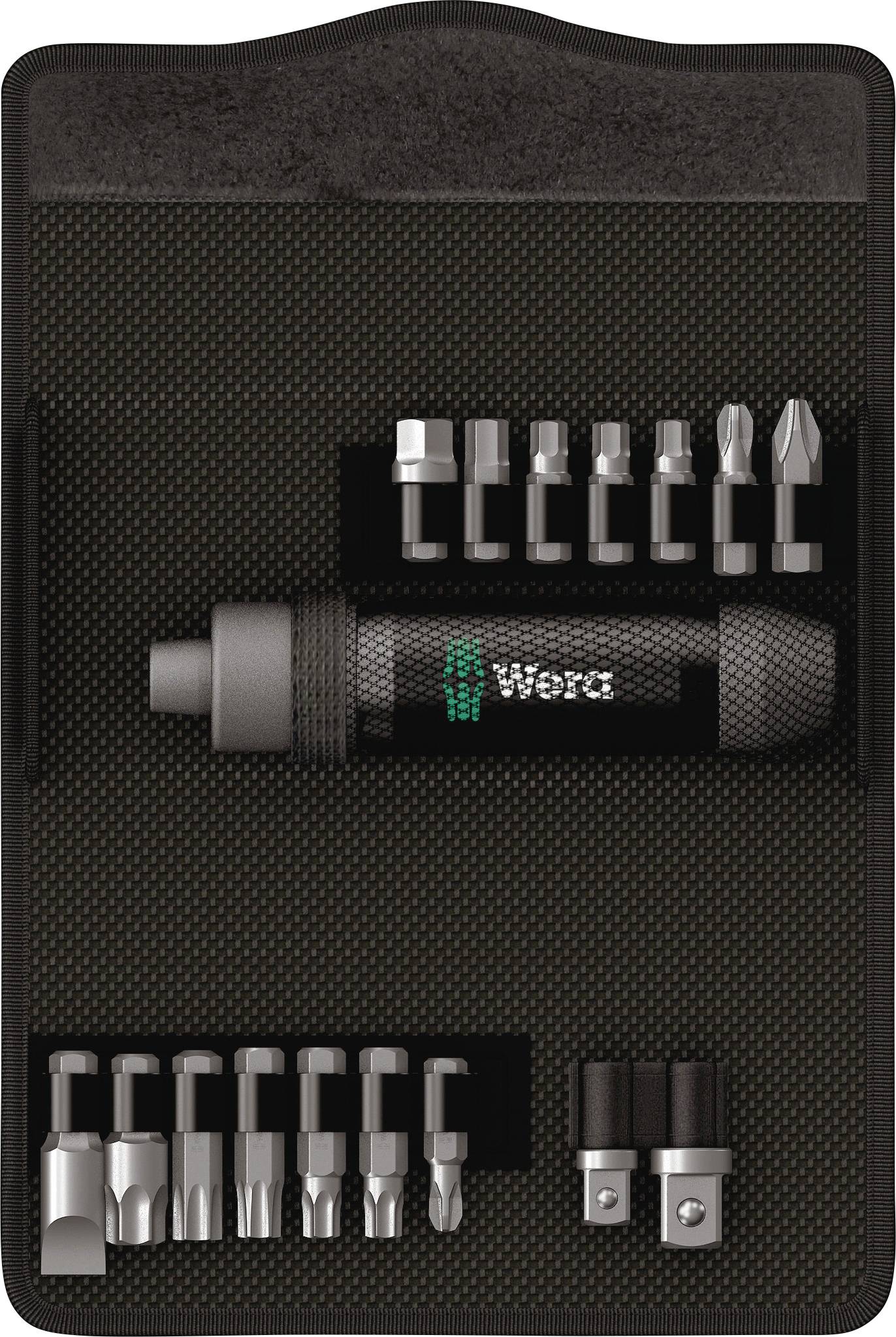 Set of screwdriver and bit attachments of various sizes on a black surface, with the Wera logo next to a tool handle.