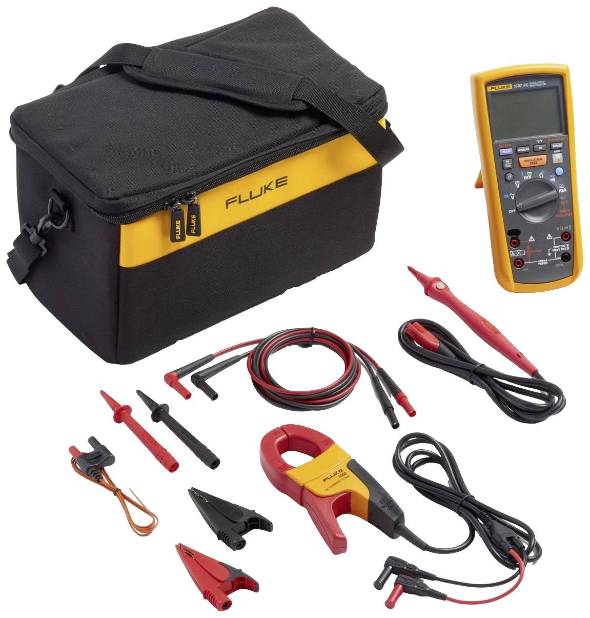 A multimeter set with a carry case and accessories for electrical measurements, including cables, clamps, and test probes.