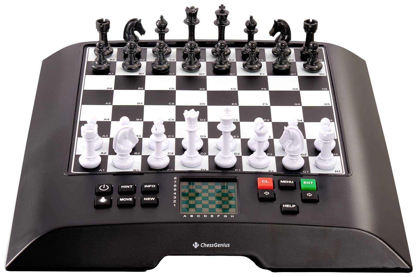 Electronic chess board with black pieces at the top, white pieces at the bottom, and control buttons for operation, placed on a black device.