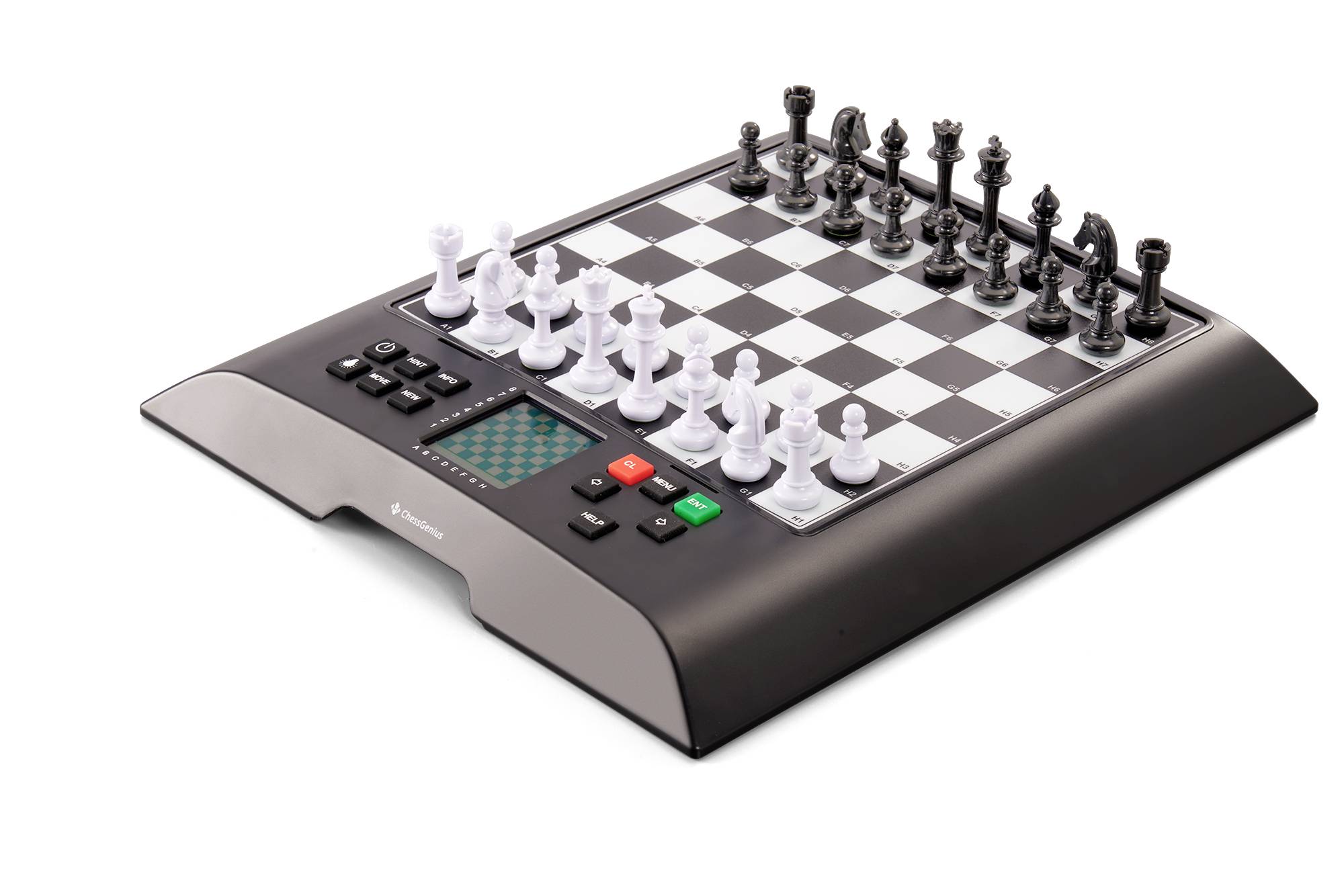 Electronic chess board with white and black chess pieces set up; includes a display and control buttons.