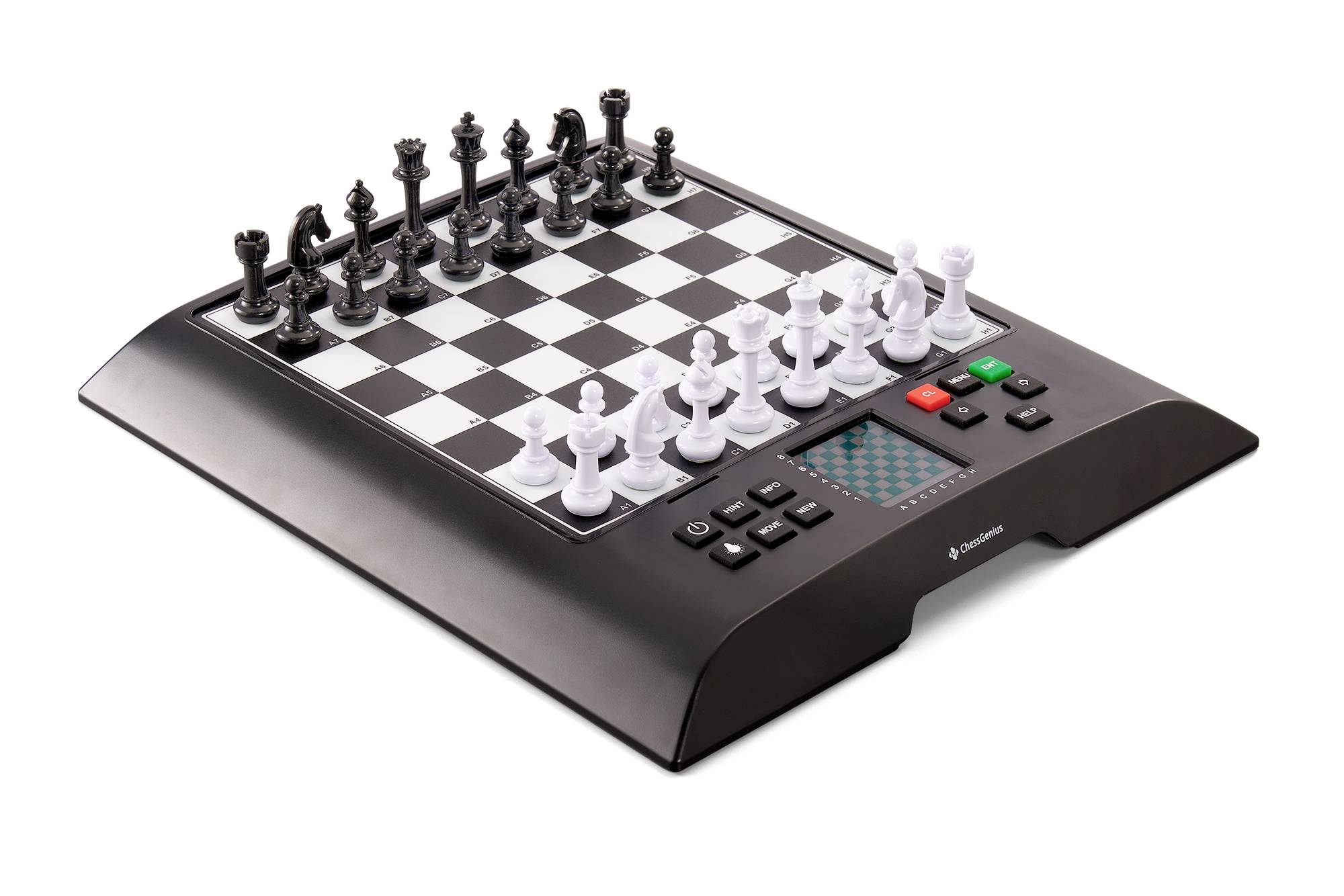 An electronic chessboard in the starting position. Black pieces at the top, white pieces at the bottom. Control buttons display functions for playing.