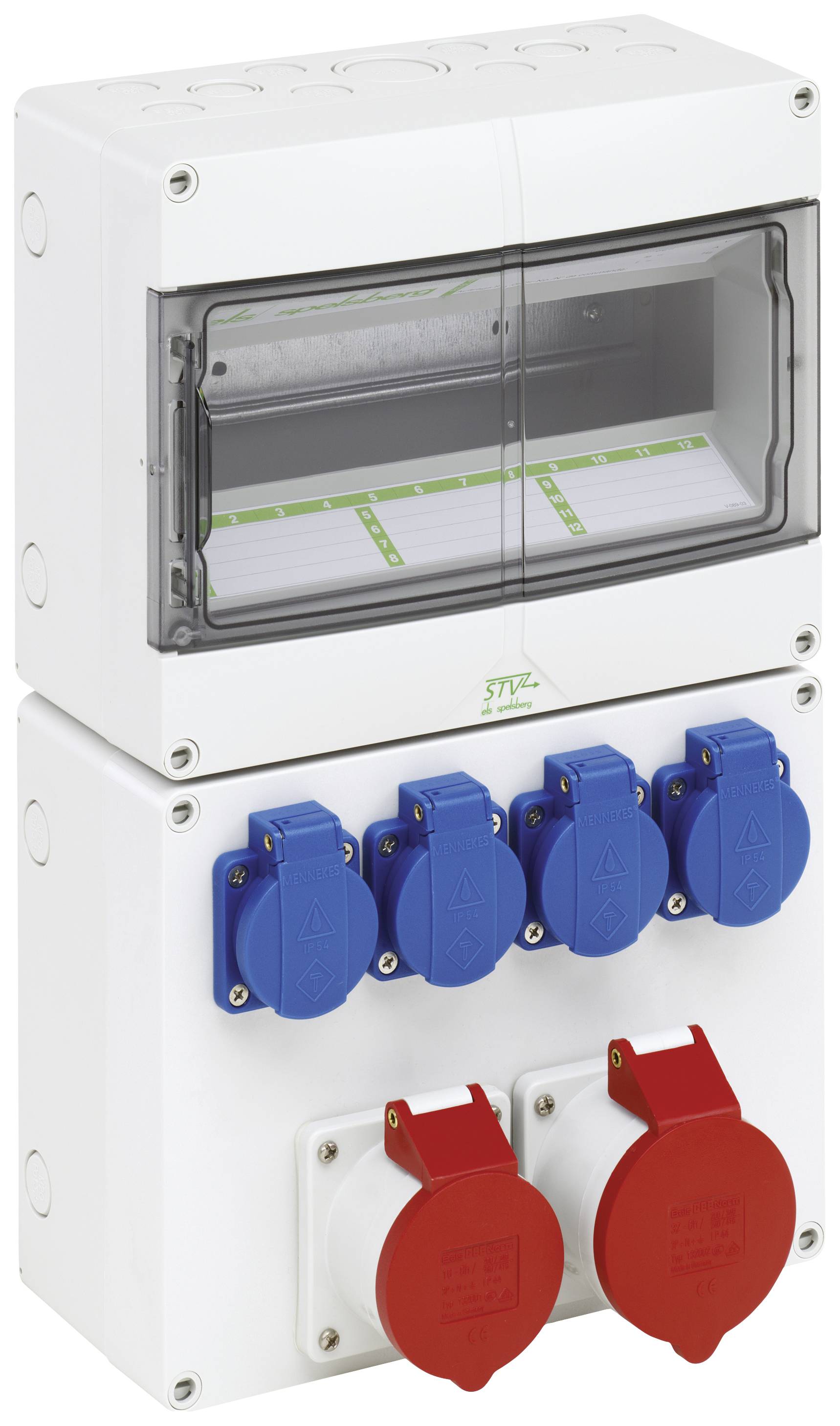 A white electric distribution cabinet housing with five blue and two red sockets, partially transparent, for industrial applications.
