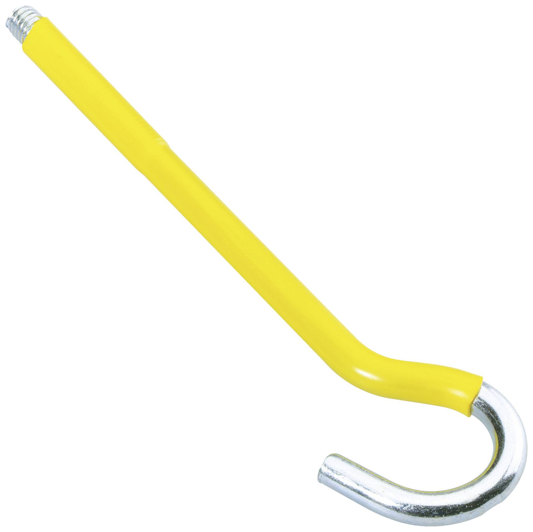 A yellow metal screw hook with a curved end, suitable for use in DIY projects.