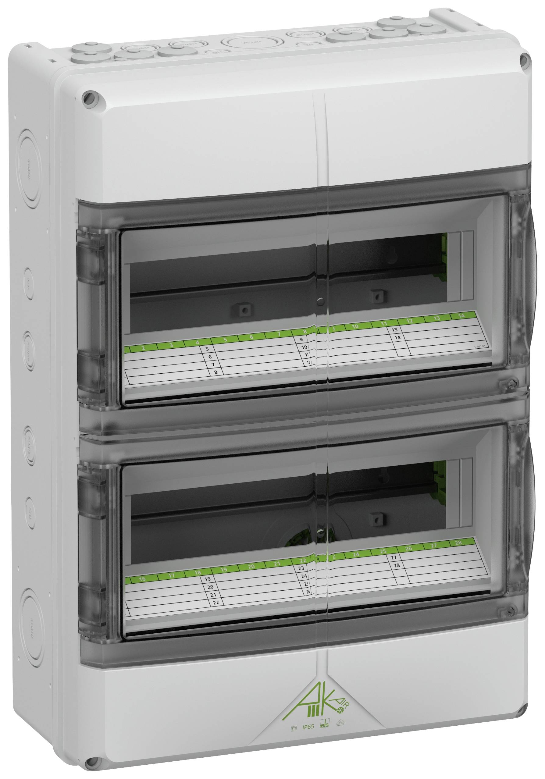 A grey, rectangular distribution box with two transparent covers revealing protective switch compartments.