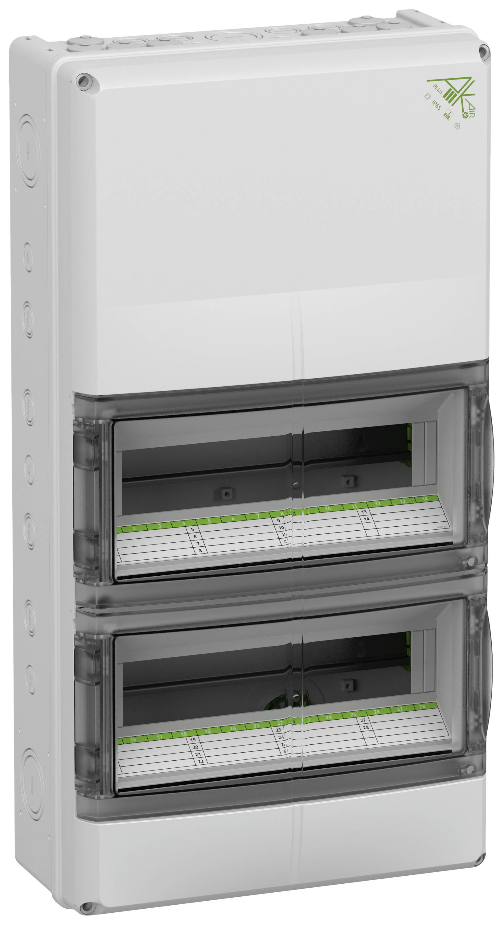 Electrical distribution cabinet with two transparent doors, with visible circuit diagrams behind. Top left: green logo.