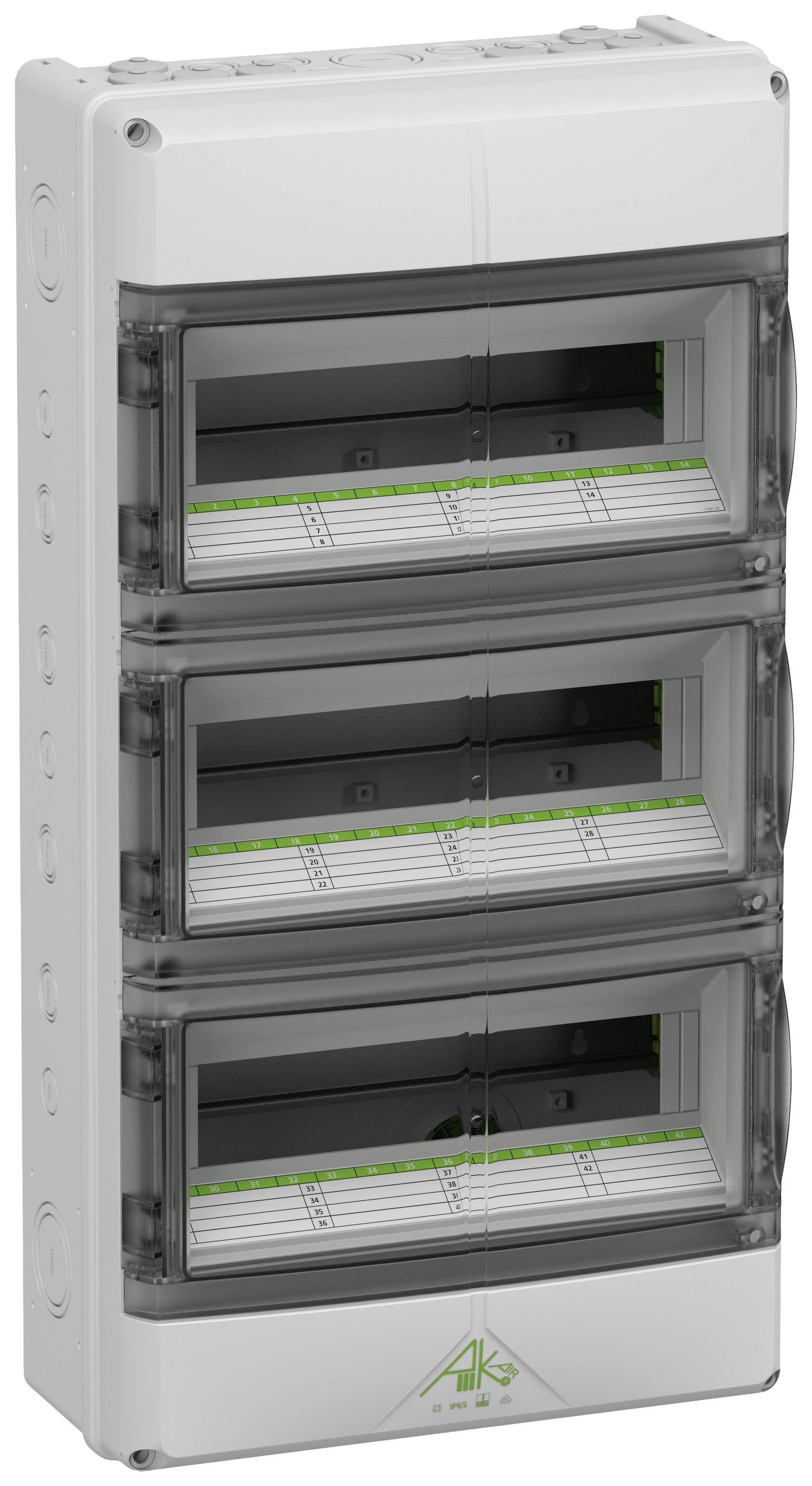 A three-tier fuse box with three rows per tier. Each compartment has a transparent cover for visibility of the circuits.
