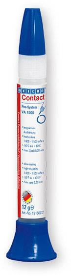 A blue bottle labelled 'Weicon Contact VA 1500', 12 grams. Contains information about temperature and viscosity range.