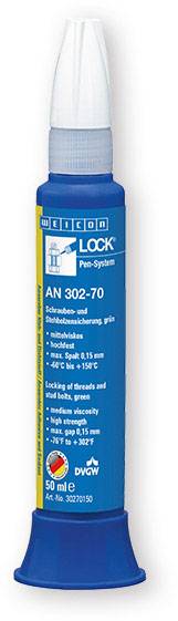 Blue adhesive stick with white tip. Inscription 'LOCK AN 302-70', suitable for screw fastenings. Capacity: 50 ml. Packaging design is professional.