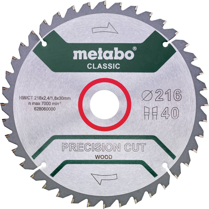 Metabo Classic precision-cut wood circular saw blade labeled 216 mm, 40 teeth, with rotation arrows and center hole.