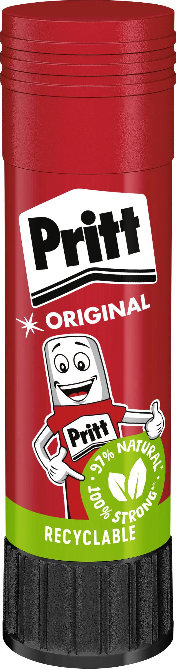 A red stick of 'Pritt Original' glue displaying '97% natural ingredients', 'strong', and 'recyclable' labels, featuring a smiling mascot.