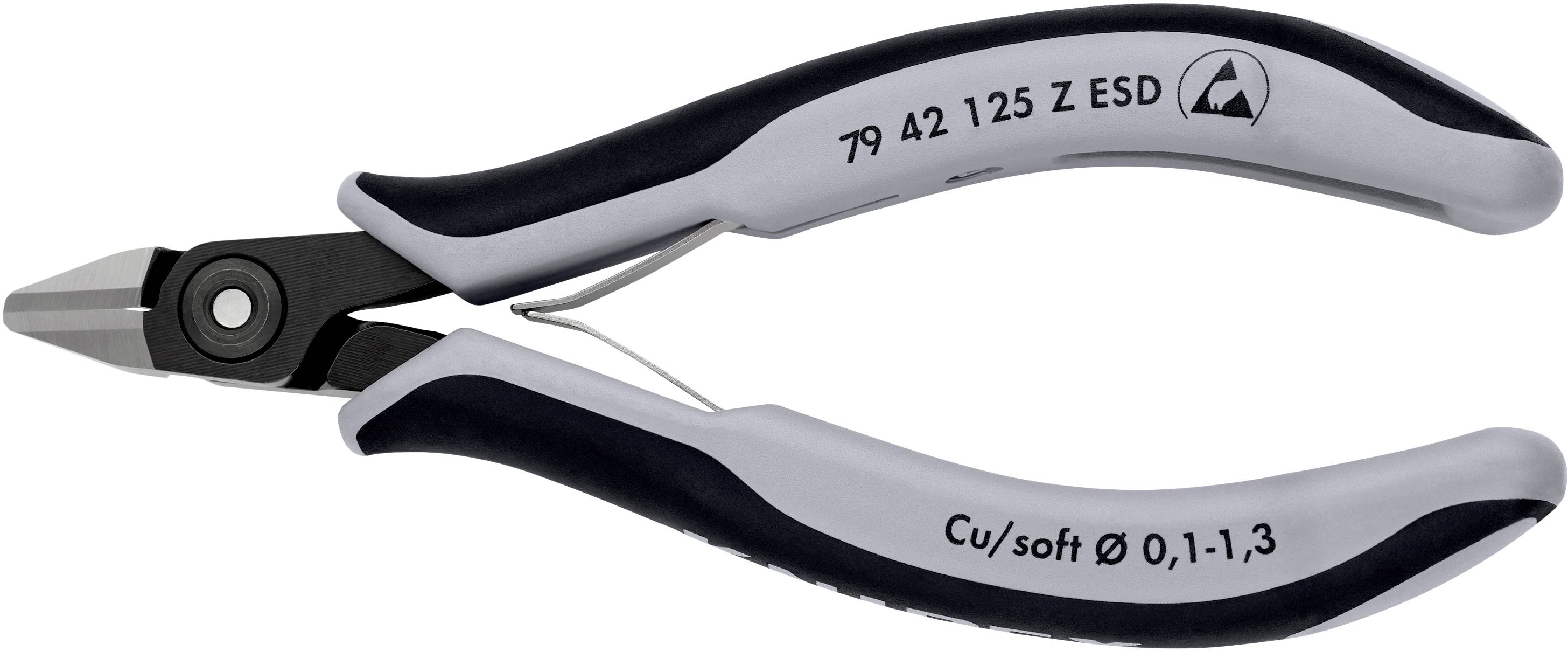 Side cutters with black handles and embossed text showing model number and size range.