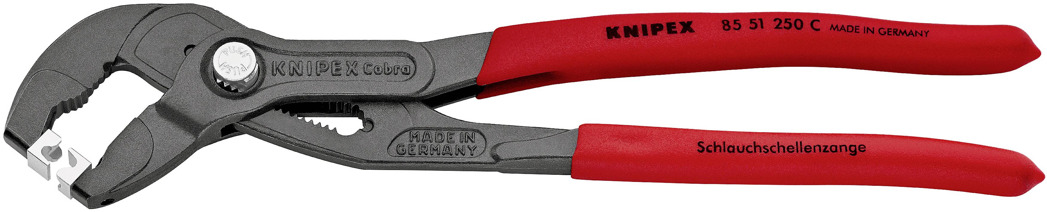 KNIPEX Hose Clip Pliers made of steel with a red handle. Used for hose fastening. 250 mm length, 'Made in Germany'.