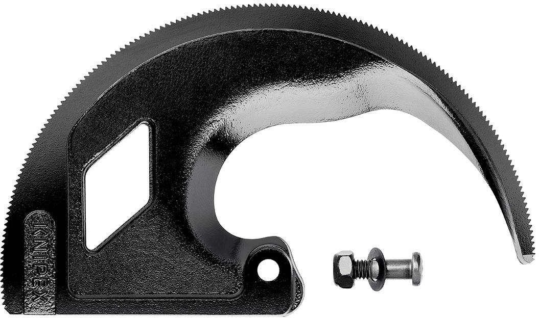 A black circular metal cutting blade with a serrated edge and a mounting hole. Beside it lies a screw with a nut.