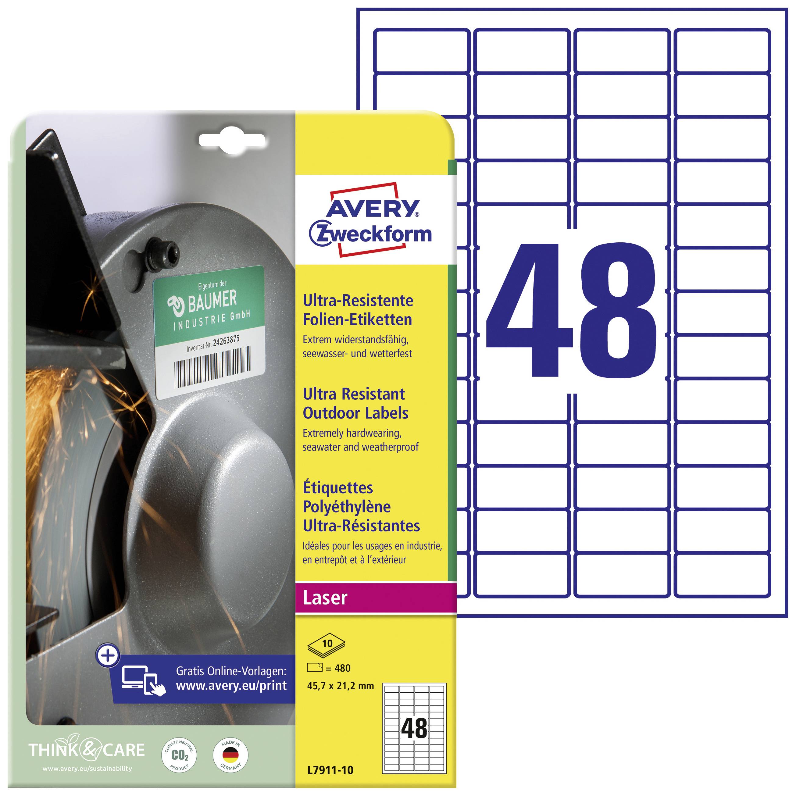 Avery Zweckform Foil Labels for Extreme Conditions. 48 Labels, 45.7 x 21.2 mm. Suitable for Laser Printers.