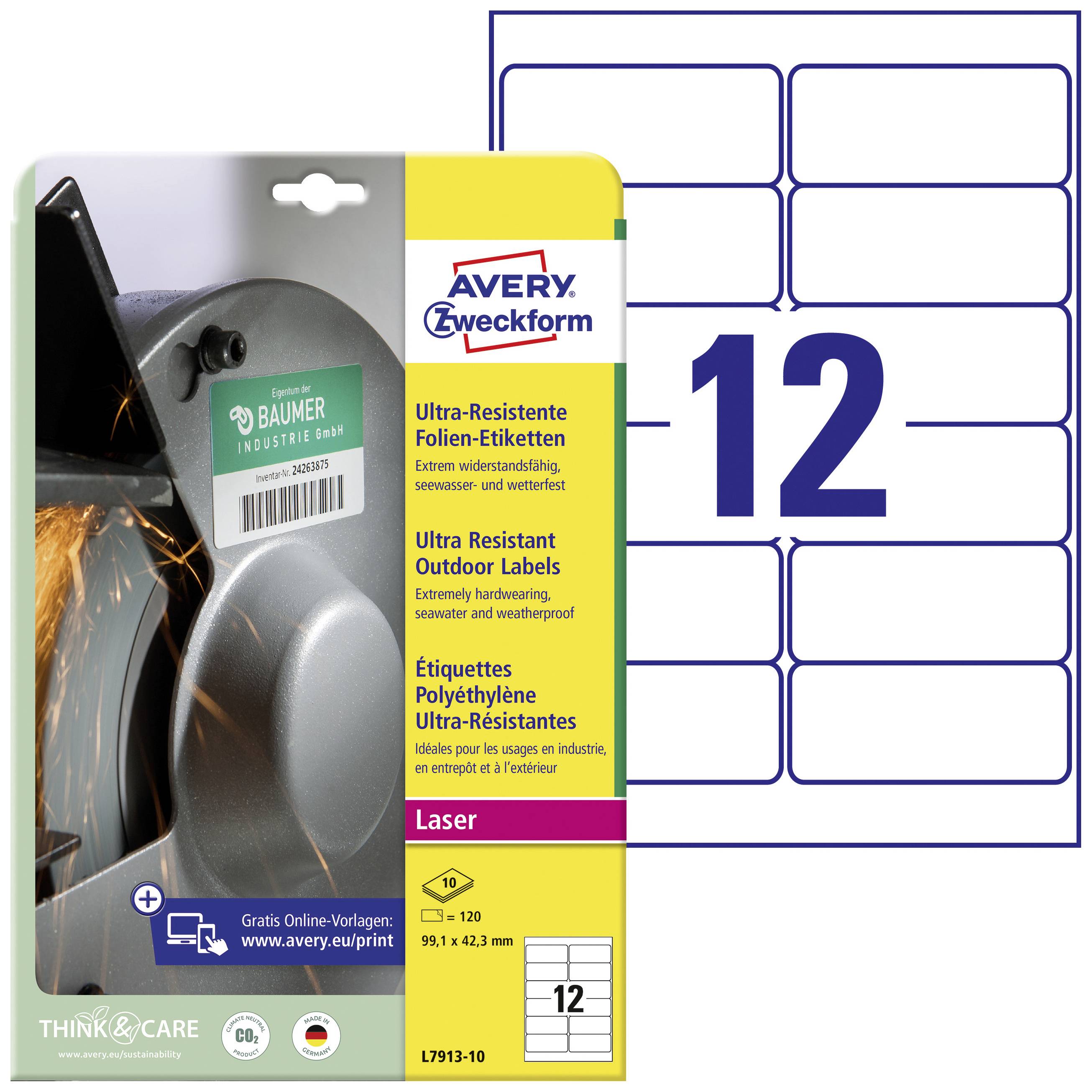 Packaging of a laser label product by Avery Zweckform. Contains 12 ultra-resistant film labels, ideal for industrial applications.