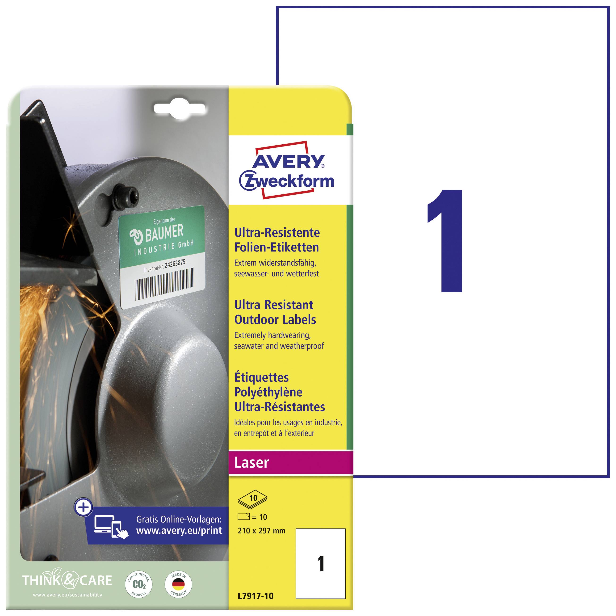 Label on industrial saw shows Avery Zweckform ultra-resistant film labels, suitable for laser printers. Promises durability.