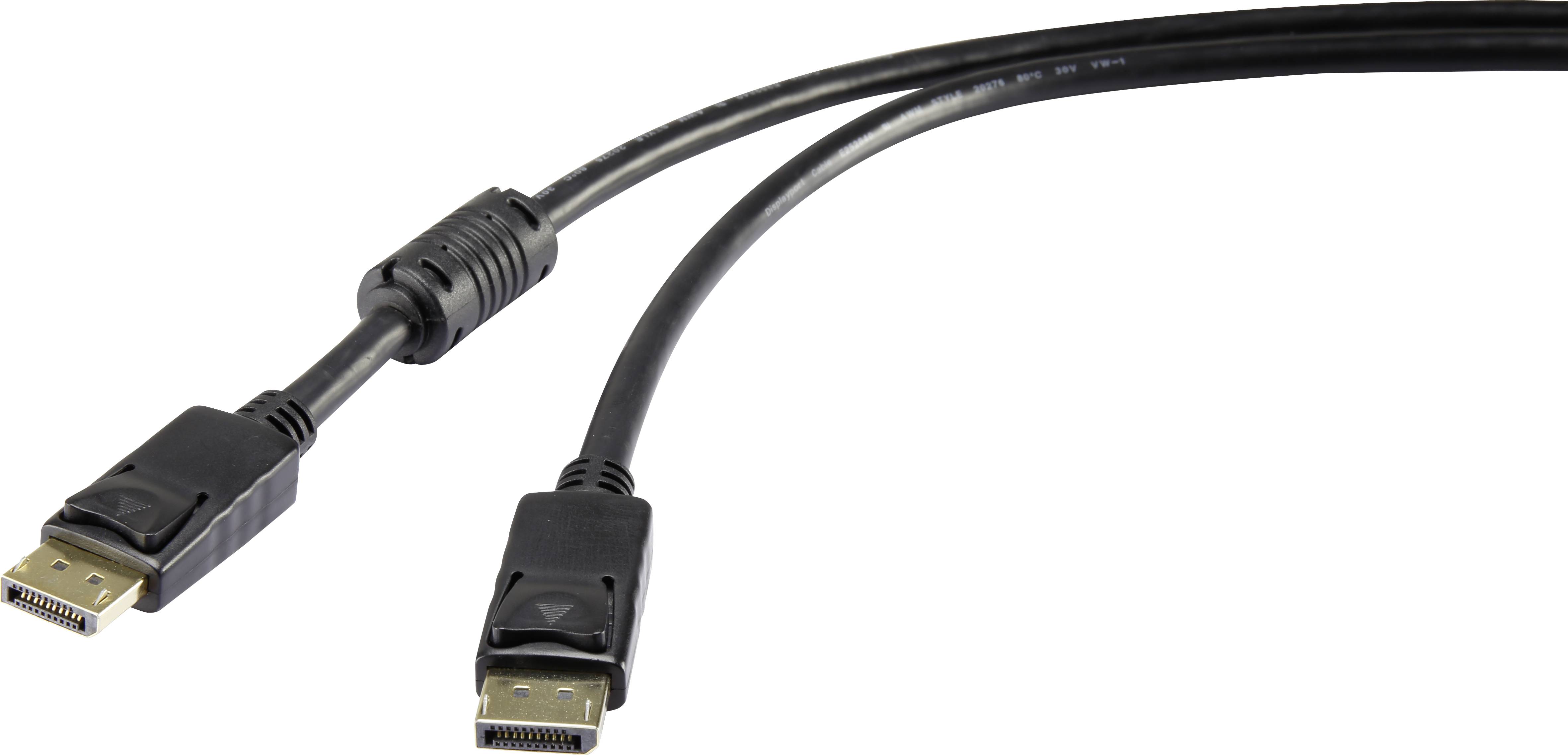 Two DisplayPort cables with connectors. They are black and suitable for connecting monitors to computers.