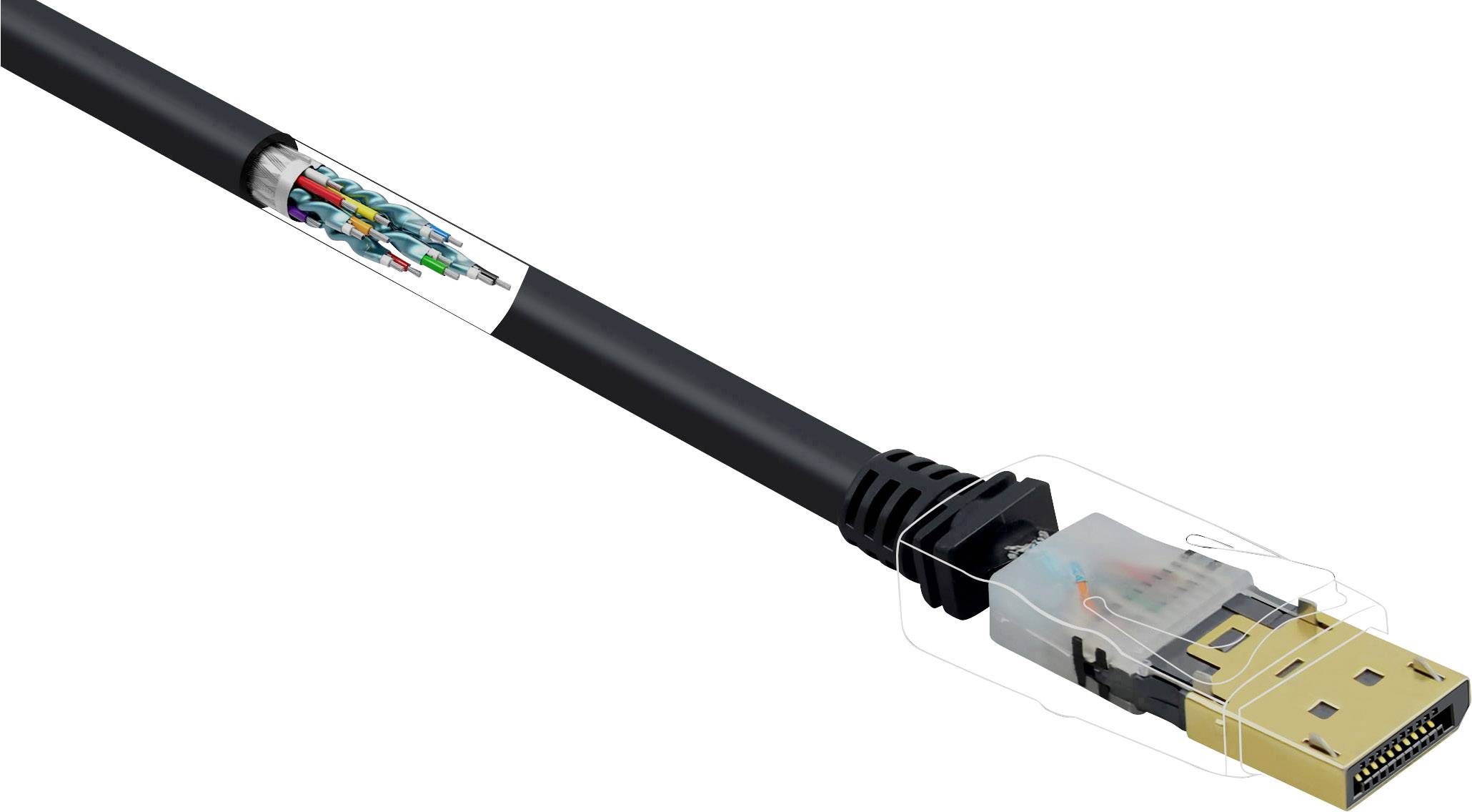 A black and gold HDMI cable with a transparent connector cover that reveals the colourful inner wires.