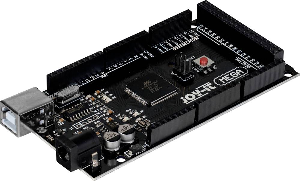 Arduino-like microcontroller board with multiple ports and a USB port, used for electronics projects and prototyping.