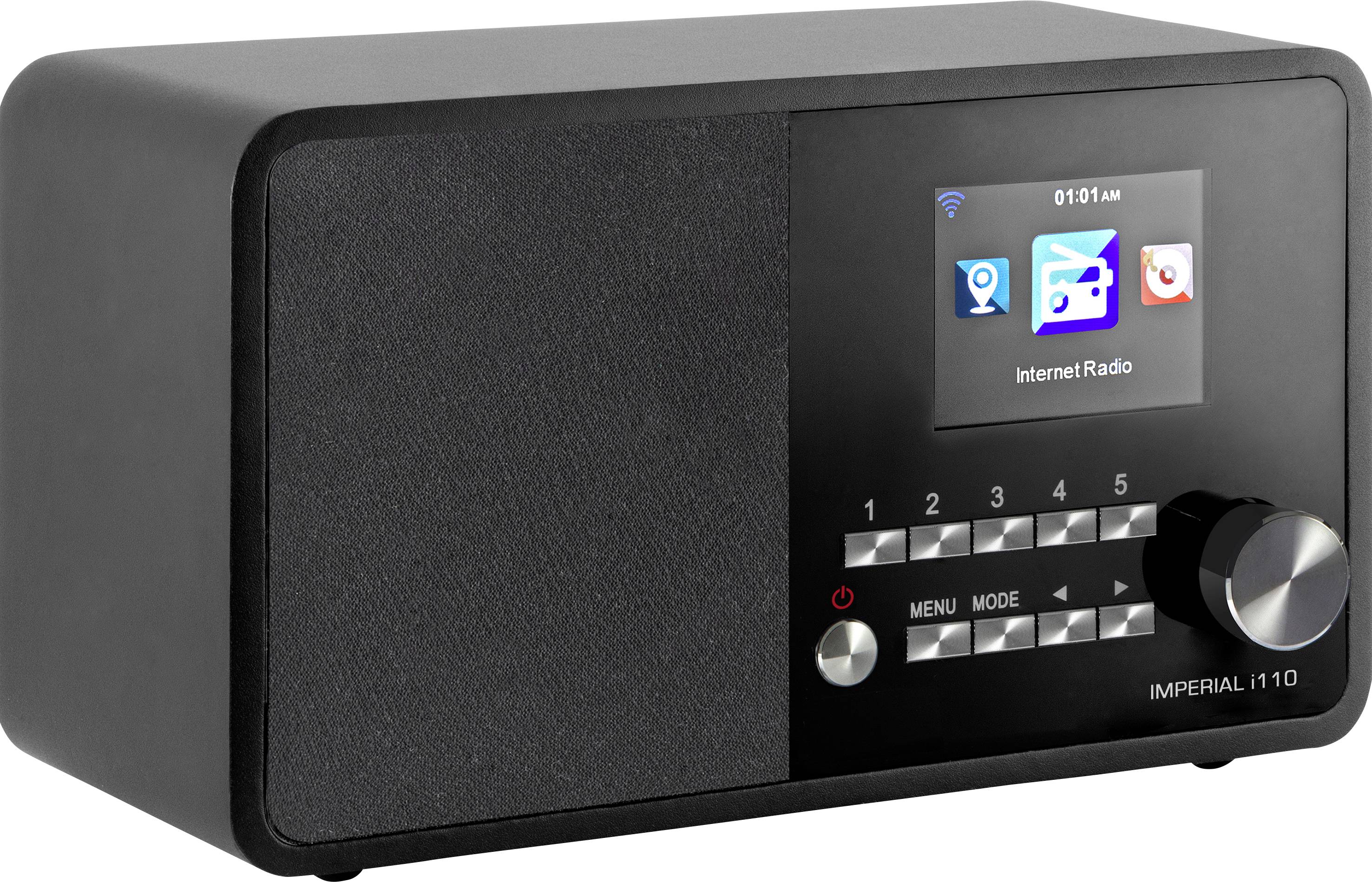 Black digital radio with screen displaying internet radio option. At the front: speakers, station preset buttons, volume control.