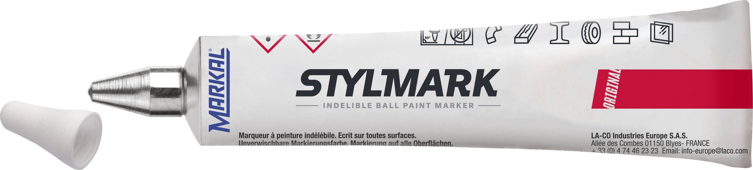 An open tube of Markal Stylmark Original, an indelible marker pen, lies on its side with the cap removed.