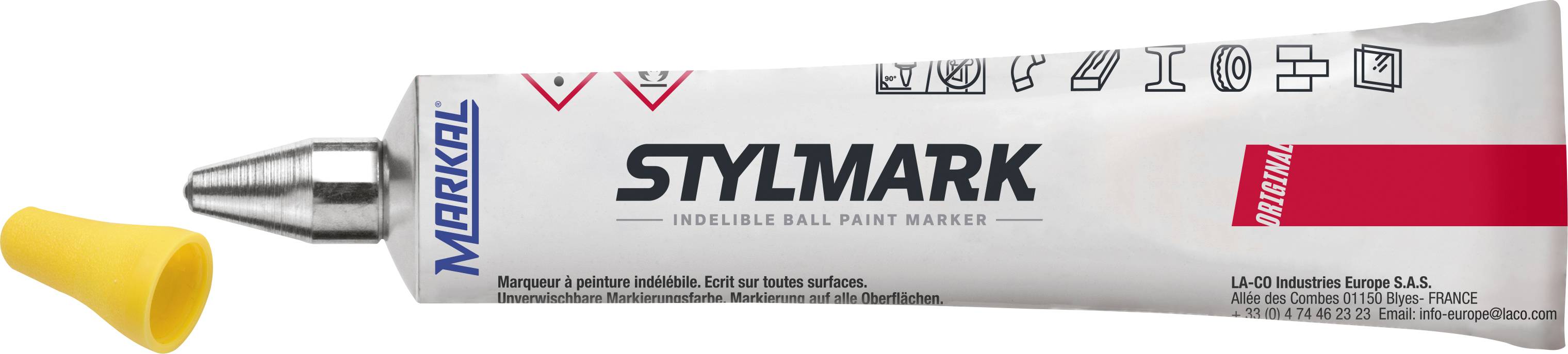Permanent marker, brand 'STYLMARK' by Markal, metallic grey tube with yellow cap. Contains indelible ink for smooth surfaces.