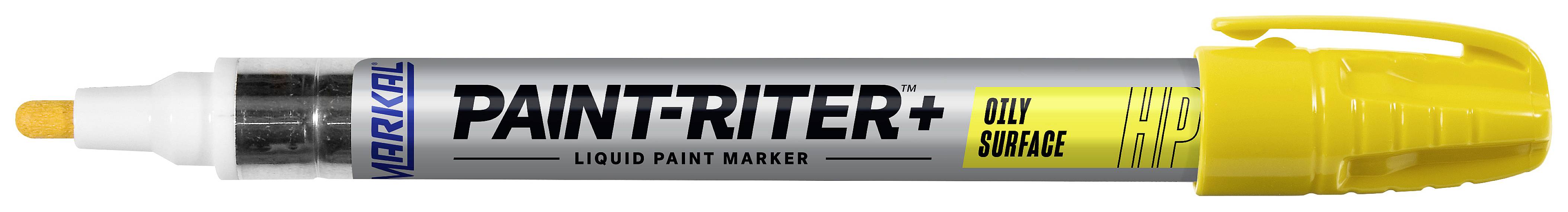 Yellow 'PAINT-RITER+' highlighter by Markal, suitable for rough surfaces, with a white casing and rounded tip.