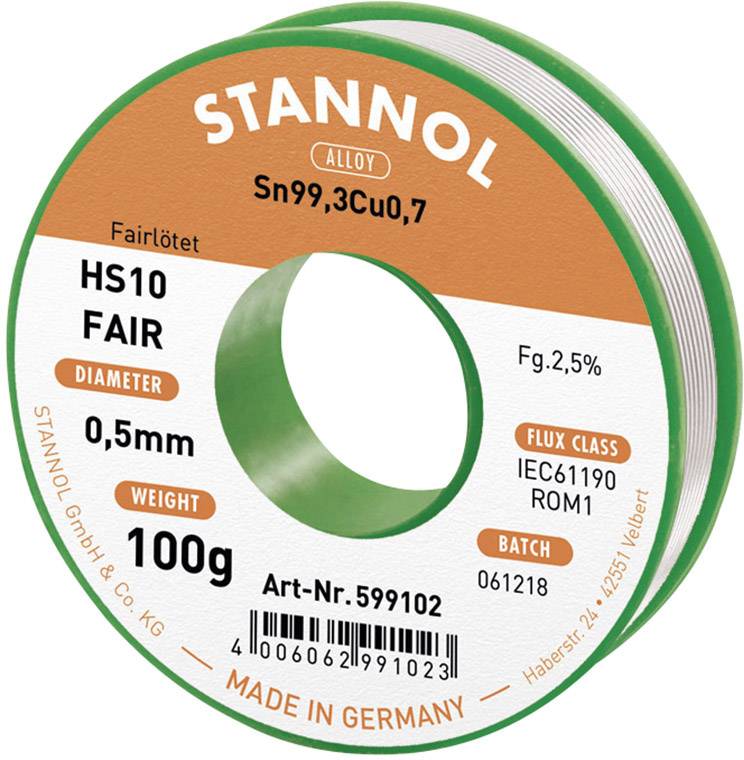 Solder Tin Reel by Stannol, Sn99.3Cu0.7 Alloy, 0.5 mm Diameter, Weight 100 g, Manufactured in Germany.