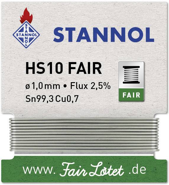 Lötzinnverpackung mit Aufschrift 'HS10 FAIR'. Details: Ø 1,0 mm, Flux 2,5%, Sn99,3 Cu0,7. Marke: Stannol. Website 'www.FairLötet.de'.