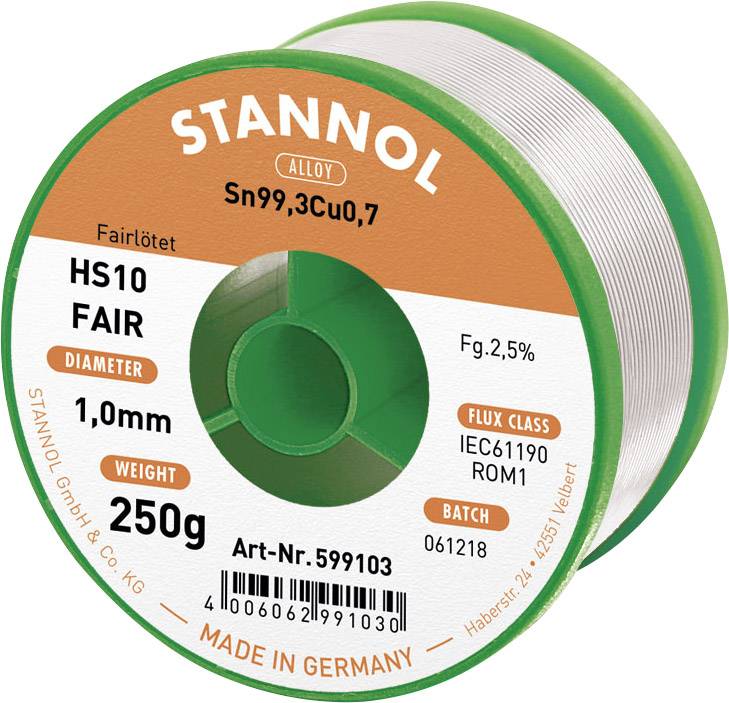 Lötzinnrolle mit Aufdruck: 'STANNOL', Legierung Sn99,3Cu0,7, 1,0mm Durchmesser, 250g Gewicht, für fair löten. Hergestellt in Deutschland.