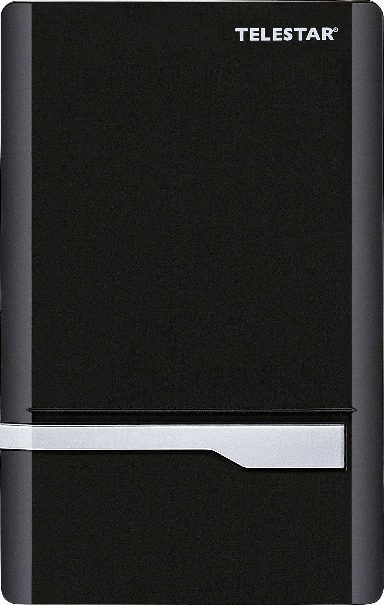 Black mini-fridge by Telestar, with a silver handle on the door.