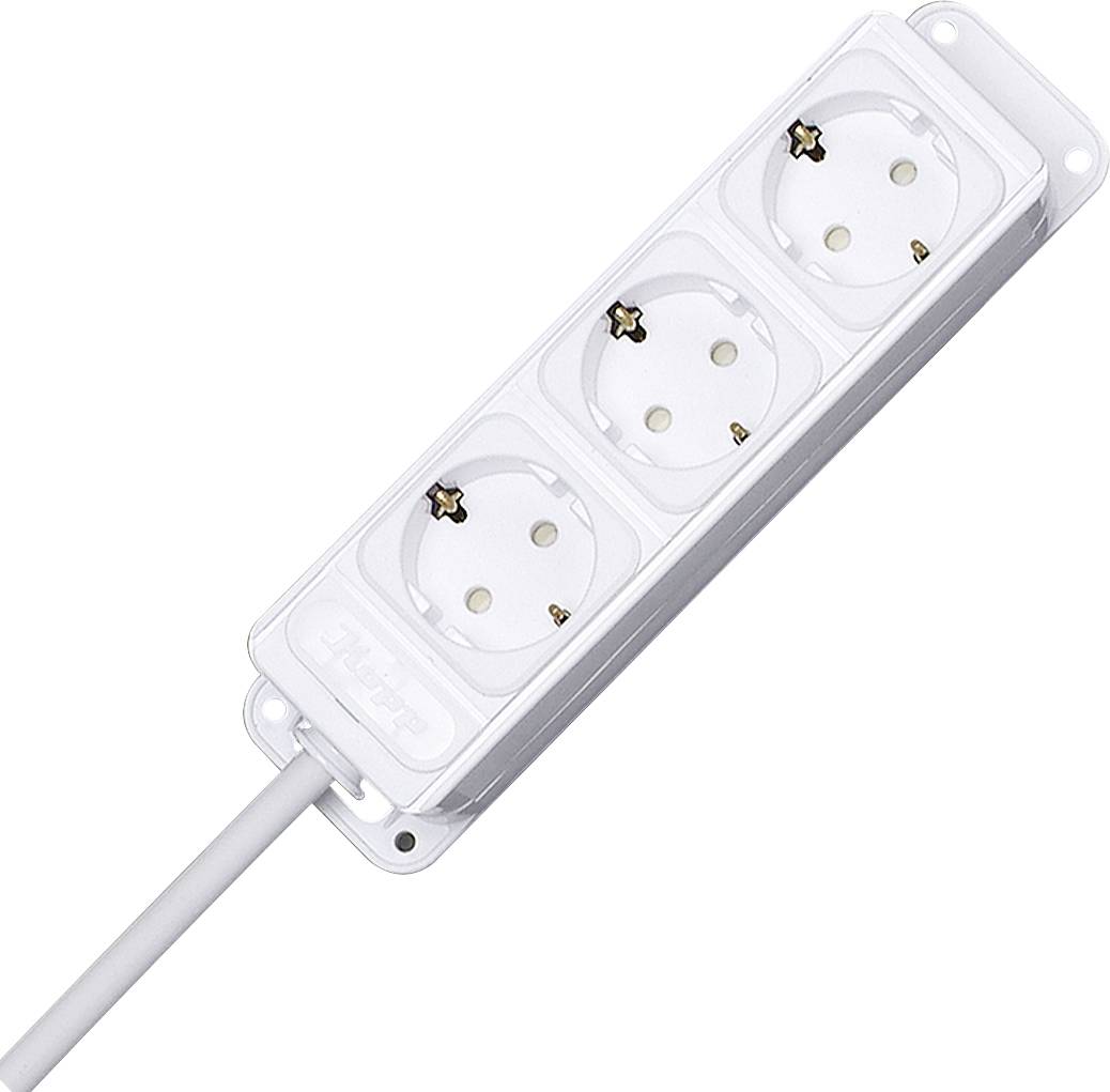 White three-socket extension lead with cable, suitable for expanding electrical connections indoors.