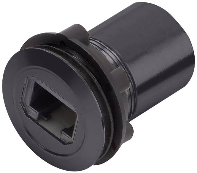 Black, cylindrical component with a hexagonal opening, possibly an adapter or socket. Suitable for tool use.
