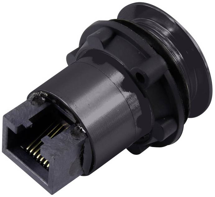 A black RJ45 connector for industrial applications, showing the socket and housing with integrated screw mechanism.