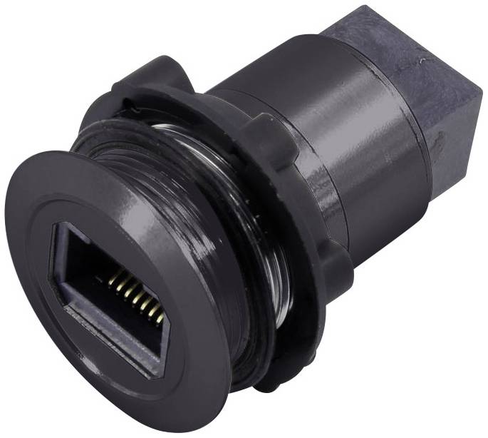 Black, round RJ45 network socket for panel mounting, with threading and hexagonal base, suitable for industrial applications.