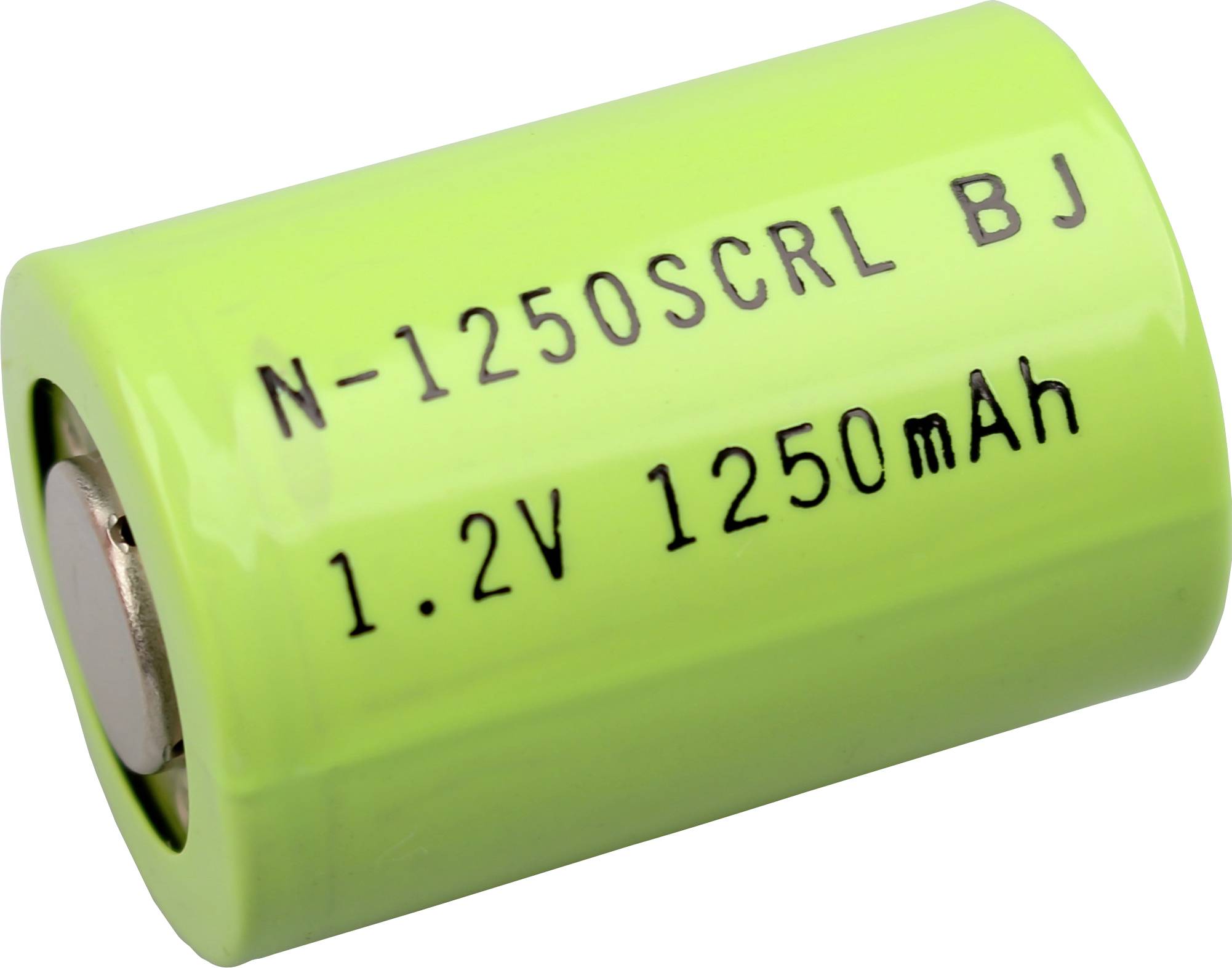Green rechargeable battery labeled 'N-1250SCRL BJ' and '1.2V 1250mAh' on a white background.