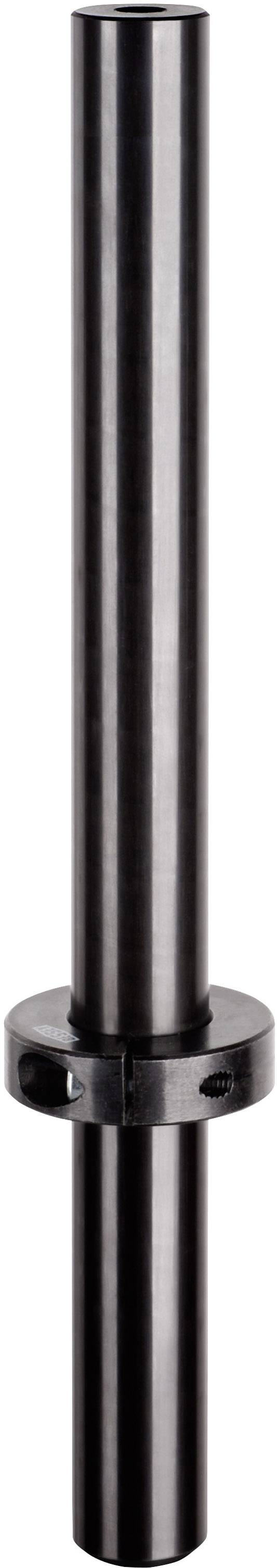 A long, cylindrical metal rod with a disc in the middle, possibly part of a fitness equipment or machine component.