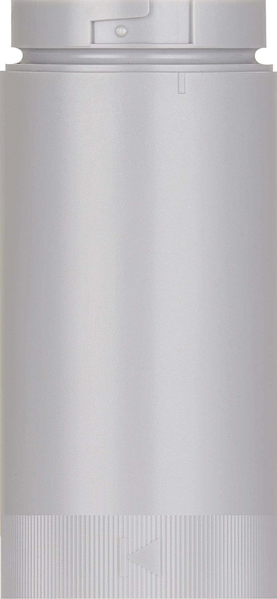A grey cylindrical tin with a smooth surface design. There are no visible labels or markings.