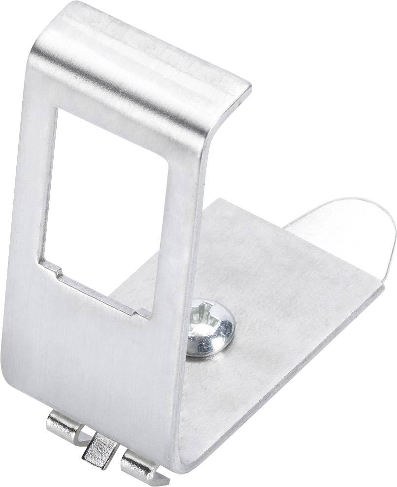 Metal clip with a rectangular opening and a screw hole in the centre. Used for securing materials to flat surfaces.