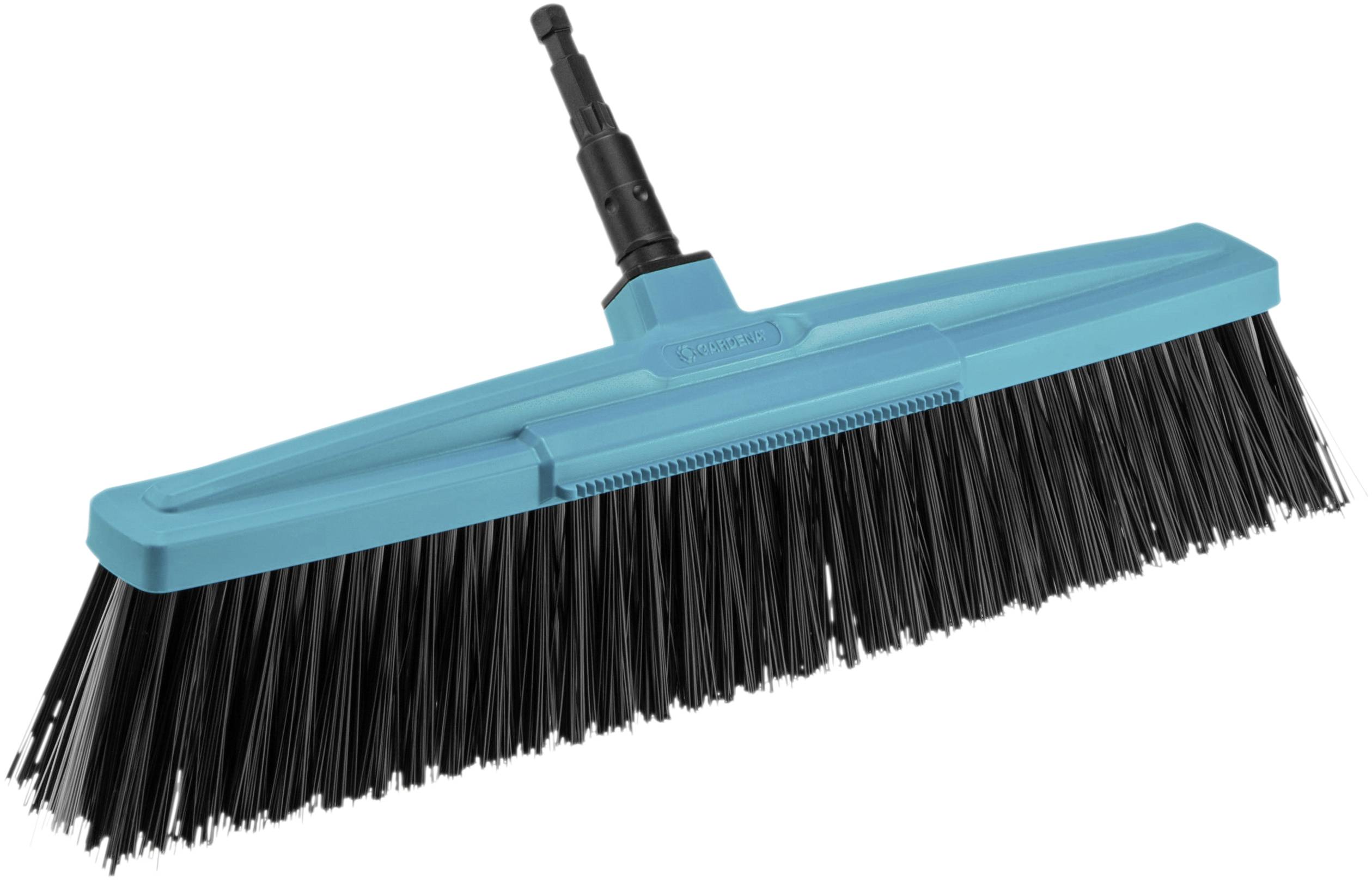 Turquoise broom with black bristles, suitable for outdoor use.