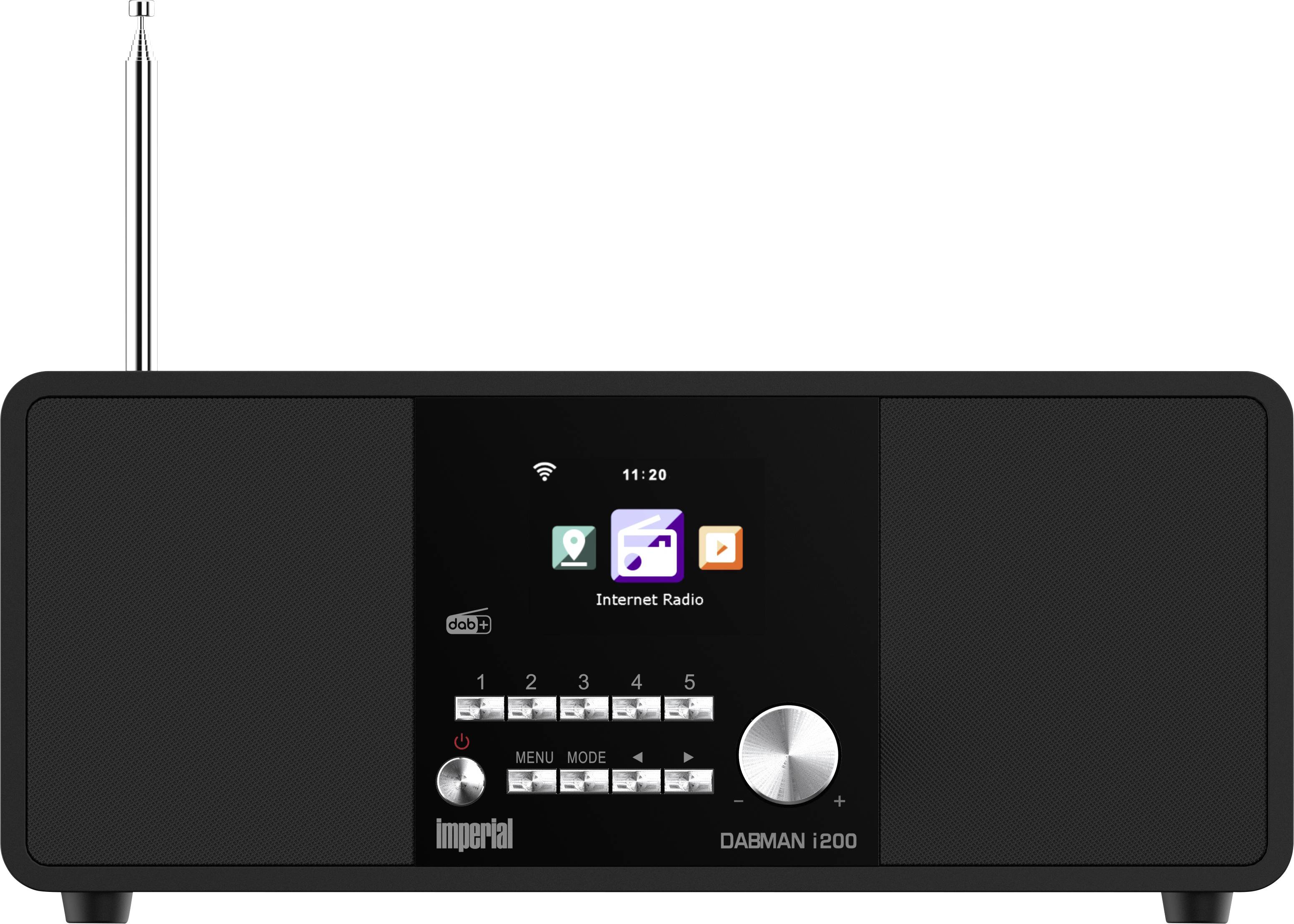 Black tabletop internet radio with antenna, central color display showing 'Internet Radio,' controls, and left speaker grille.