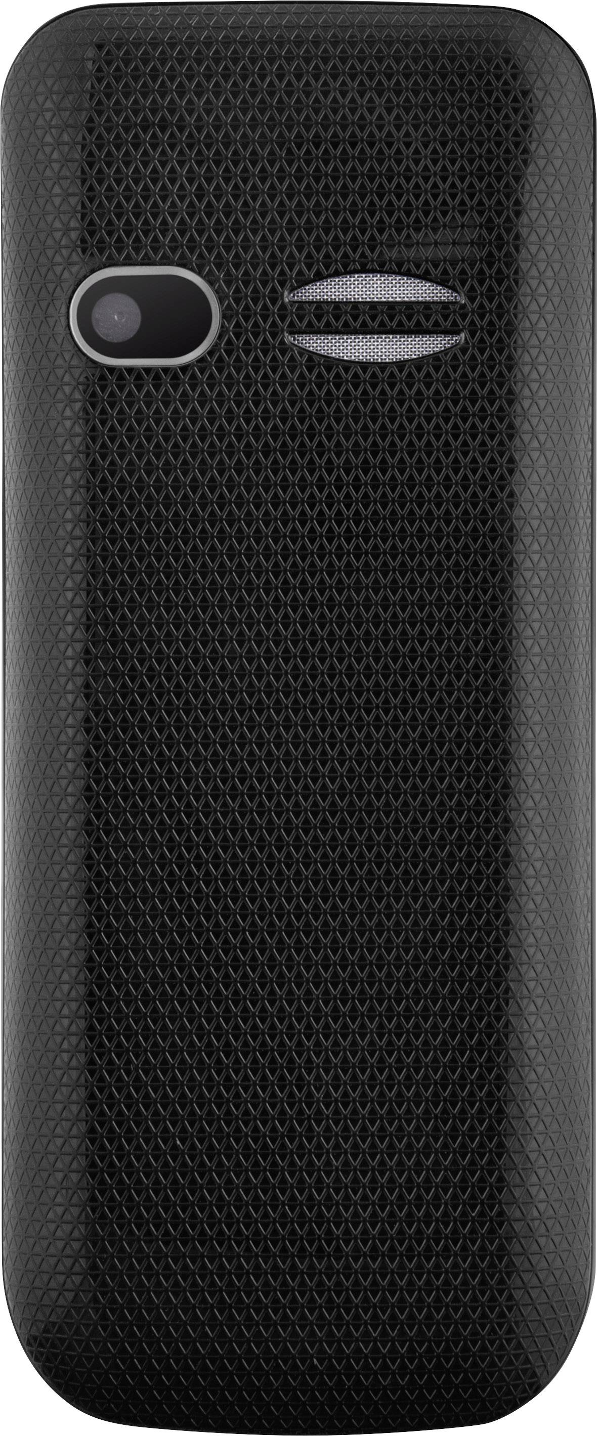 Black back of a mobile telephone with camera and speakers, geometric pattern on the surface.