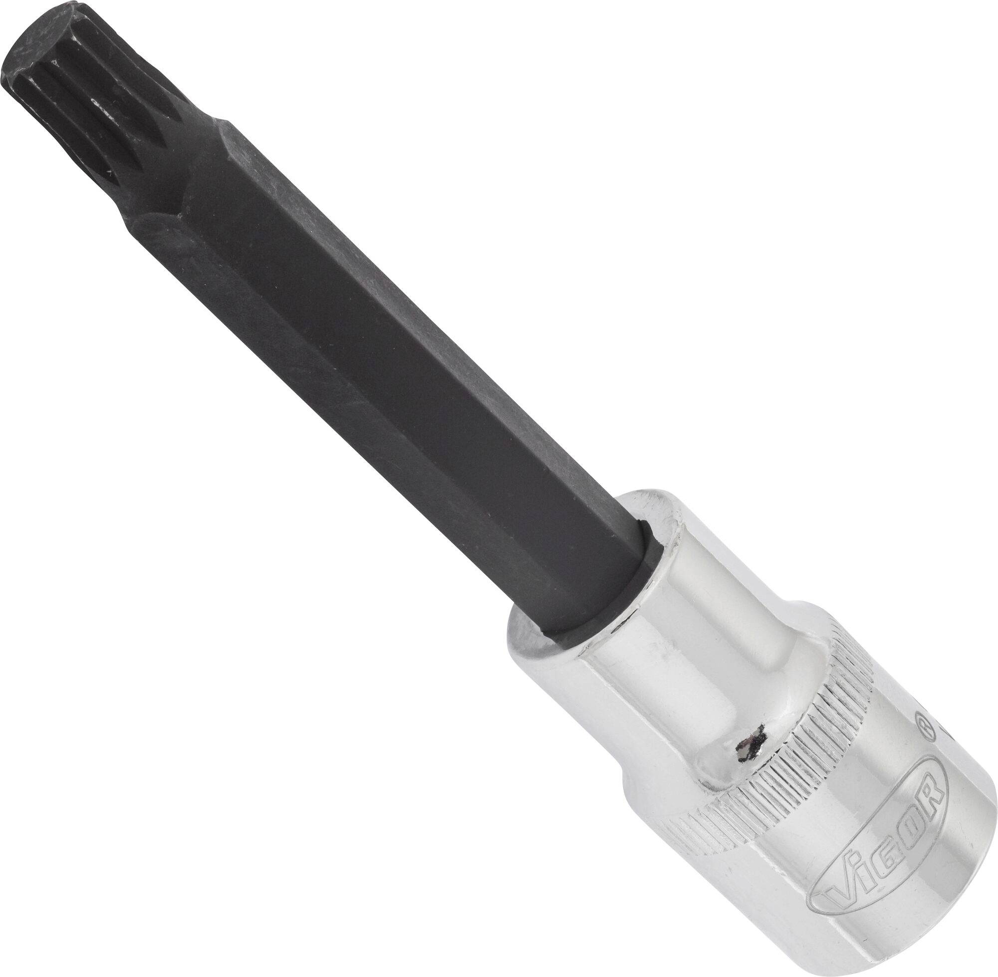 A silver-coloured socket key attachment with a black, star-shaped head, suitable for special screws.