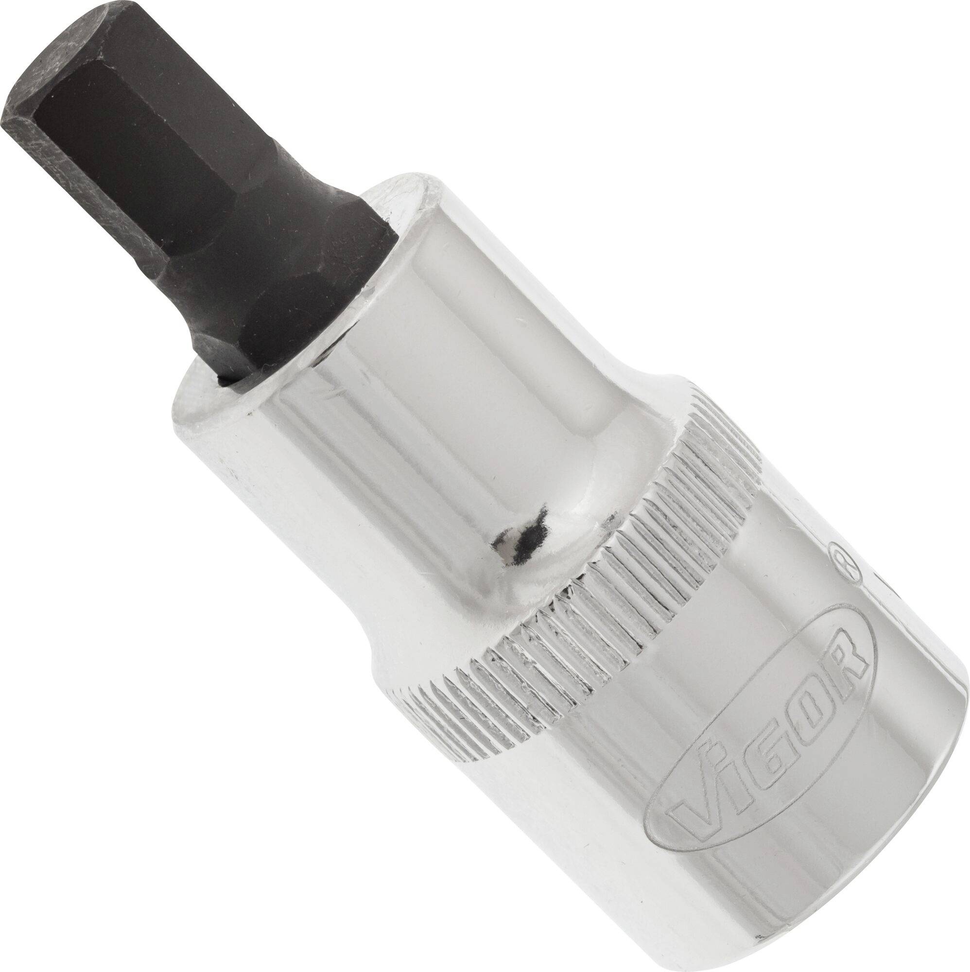 A silver socket extension with a black hexagonal bit. Marked with the brand name 'Vigor'.
